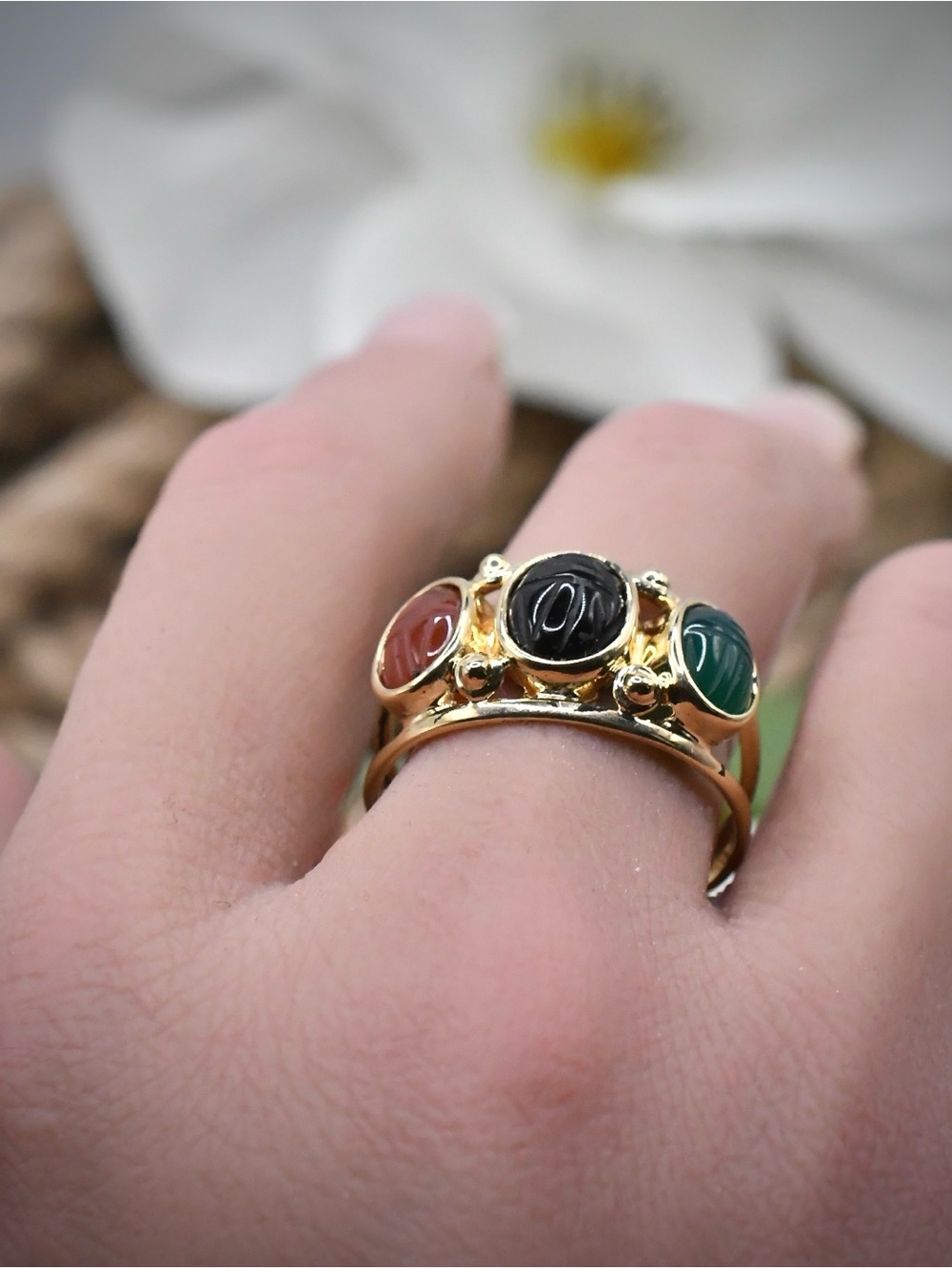 Vintage 14K Gold Egyptian Revival Trio Scarab Ring Multi Gemstone Size 10
